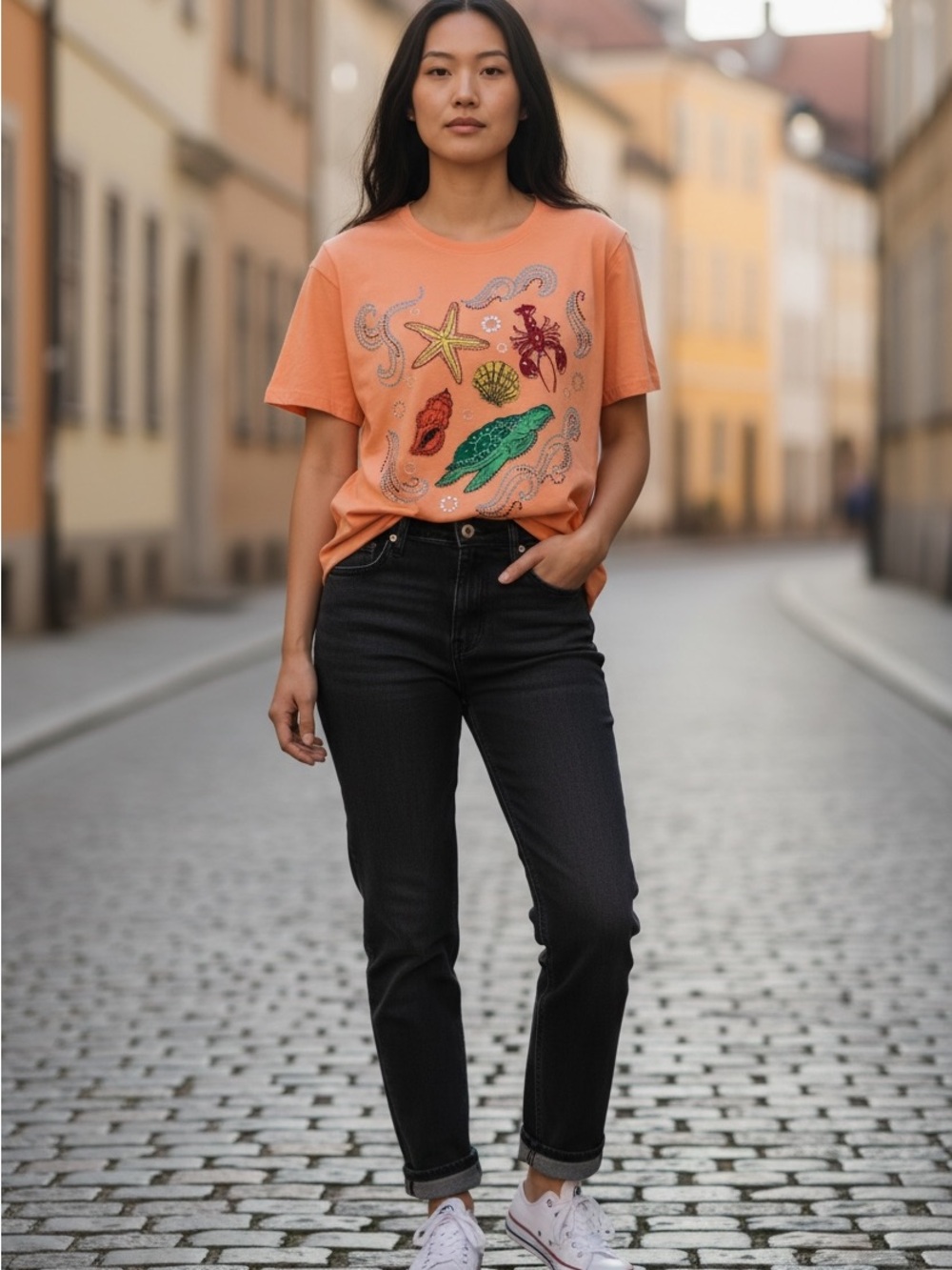 New York Laundry Orange Short-Sleeve Women’s Tee with Colorful Sea Life